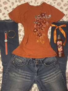 Camiseta de mujer de manga corta, cuello redondo, estilo casual y de bloques de color - Naranja - Ver 5