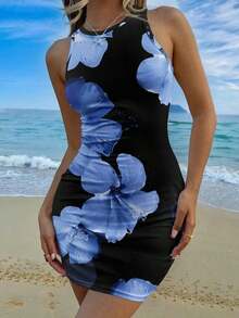 Vestido de verano para mujer de corte ajustado hasta la pantorrilla, sin mangas, con estampado floral rosado en todo el diseño, de estilo casual y minimalista - Multicolor 4 - Ver 4