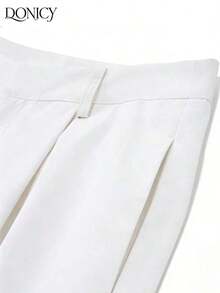 Pantalones rectos de cintura alta de unicolor para mujer, con pliegues, suaves y cómodos, versátiles y elegantes para uso casual urbano, adecuados para uso diario casual, citas, fiestas, San Valentín, carnaval y oficina - Blanco - Ver 3