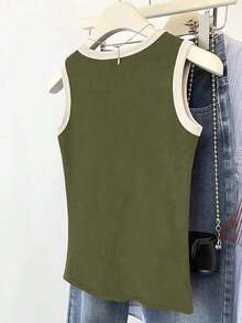 Blusa de verano de talla grande para mujer, de estilo casual con bloques de color y patchwork - Verde militar - Ver 2