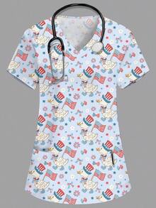 Blusa de mujer con cuello en V blanco, manga corta, con doble bolsillo, con estampado de dibujos animados lindos, estampado de animales de granja, uniforme de enfermera/médico, ropa de trabajo de unicolor para peluquería de mascotas, bata de labo - Azul - Ver 6