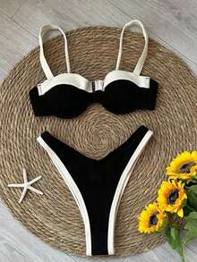 Nuevo Llegado Oficial Primavera/Verano Elegante Casual Sexy Traje de Baño Bikini de Mujeres en Blanco y Negro a Patchwork, para Playa, Fiesta, Cita, Vacaciones - Negro - Ver 5