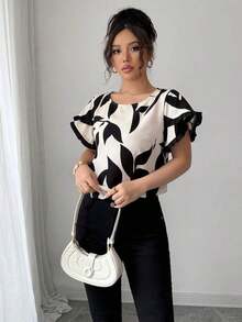 Blusa suelta de manga corta con cuello redondo, borde en contraste y estampado aleatorio, elegante para uso cotidiano, casual y vacaciones - Albaricoque - Ver 6