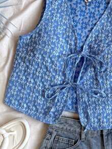superior informal con escote en V y lazo delantero para mujer, de tela texturizada amarilla, para otoño/invierno - Azul - Ver 3