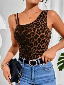 Mujeres Tanques y camisetas con estampado de leopardo, cuello asimétrico ajustado, parte superior de verano - Café integral - Ver 4