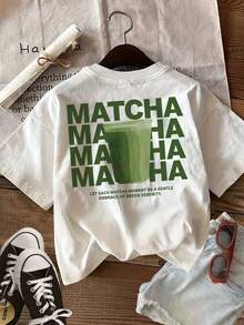 Top de verano para mujer, moderno e informal, con estampado de doble cara, diseño fácil, estampado de taza de matcha, camiseta de manga corta pura con cuello redondo - Blanco - Ver 2