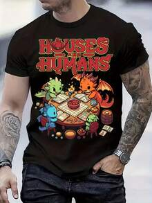 Casual Outdoor Style Short-Sleeved T-Shirt With Heat-Printed Lettering And Small Dragon Graphic - Black - View 6