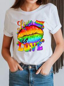 Vintage T-Shirt With Letter Print And Colorful Heart Design, Short Sleeve, Round Neck, Casual Style, Women's Clothing For Spring And Summer, Everyday Wear T-Shirt. - 白色 - 查看 7
