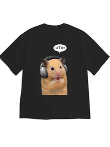Limited Time Offer, Limited Quantity Available, Flash , Women's Shirts, Women's T-Shirts. Short-Sleeved Off-The-Shoulder T-Shirt, New Spring/Summer 2026 Collection. Featuring An Adorable And Fun Design: A Hamster With Headphones And Korean Text Speech Bubbles. Comfortable And Soft To The Touch, Perfect For Everyday Wear For Those Who Love Fun And Original Styles. - 黑色 - 查看 1