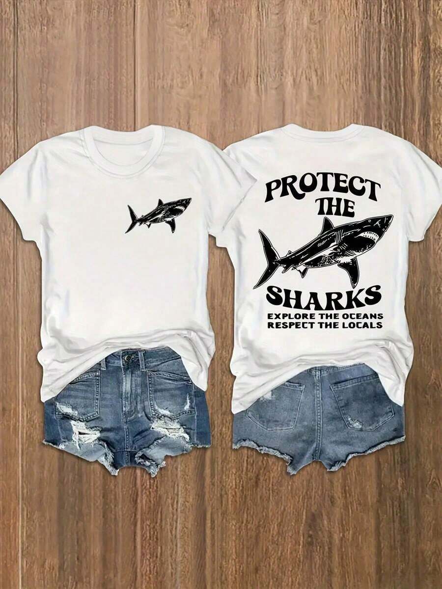 Camiseta de manga corta con estampado de tiburones talla grande - Ropa de talla grande para mujer - Camiseta casual de cuello redondo y manga corta para primavera y verano 100% algodón - Blanco - Ver 1