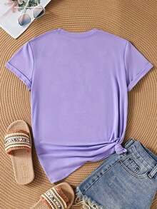 Fashionable Casual T-Shirt For Women With Unique Romantic Rose Design, Short Sleeve, Round Neck, Gift For Valentine's Day, Travel, Vacation, Party, Sweet And Elegant, Gift For Girlfriend, Gift For Mom - 紫色 - 查看 2