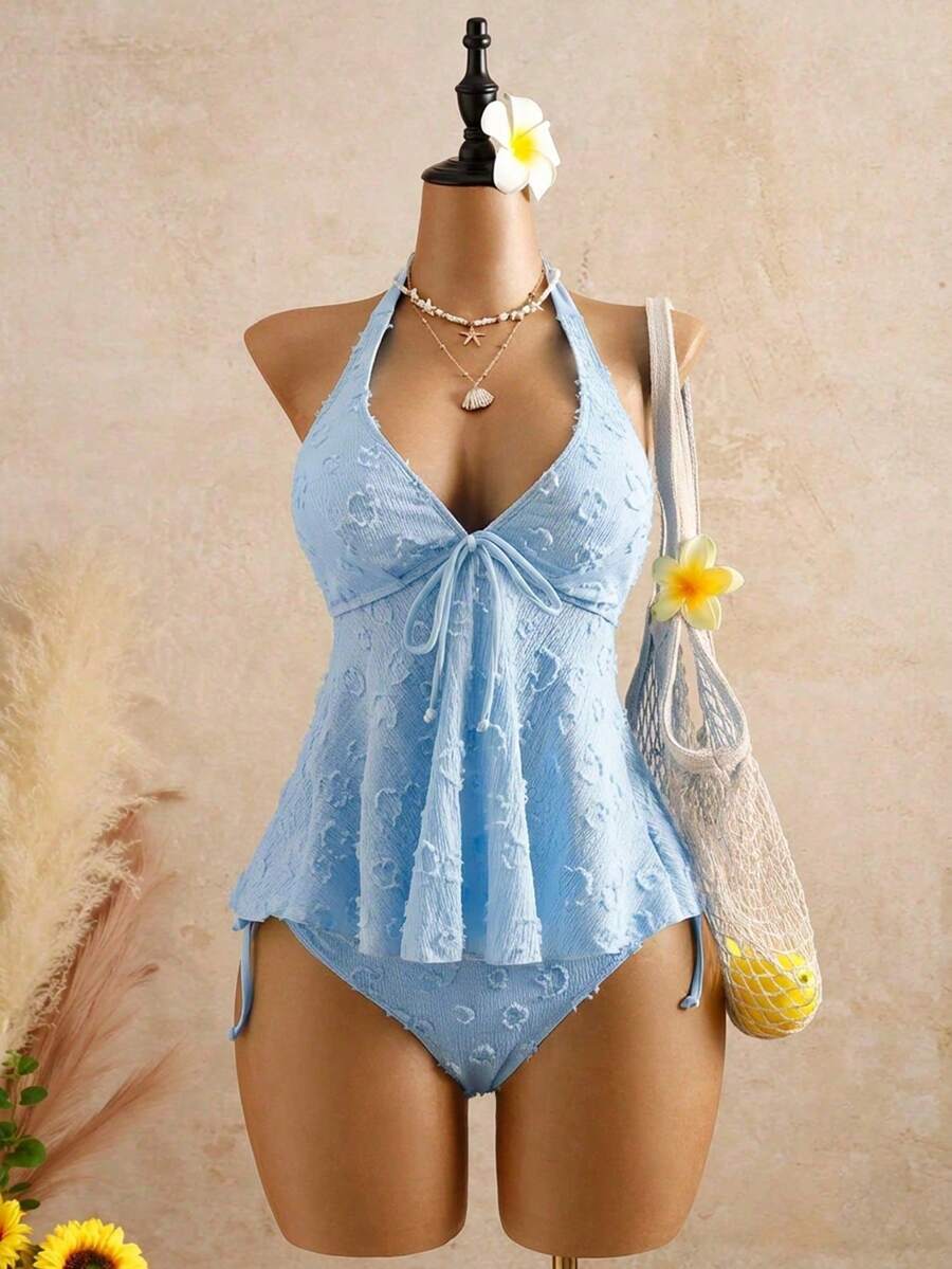 Lace Swimsuit With Halter Neck, Adjustable Straps, Ruffles, Two-Piece Bikini That Enhances The Figure, Ideal For Hot Springs. - Light Blue - View 1