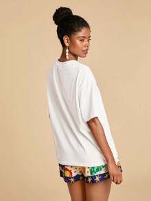 2026 Spring/Summer, New Collection, Short Sleeve T-Shirt With Marine Life Graphic Print, Vacation Style, Woven Graphic Print, Casual Summer Vacation For Women, Bohemian Style Beach Vacation, Boho Chic, Country Concert, Holiday Festivals, Women's Beach, Short Sleeve T-Shirt / Short Sleeve Tee - 白色 - 查看 4