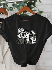1 camiseta de verano de manga corta para mujer - Estampado de personaje de anime con gráfico geométrico 2D y expresión de sorpresa con "¡WOW! "Texto.y Estilo Urbano" |   Diseño Juvenil |   Ajuste cómodo, ropa bonita |   Diseño exquisito |   Suelto y cómodo |   Fácil de combinar | - Negro - Ver 6