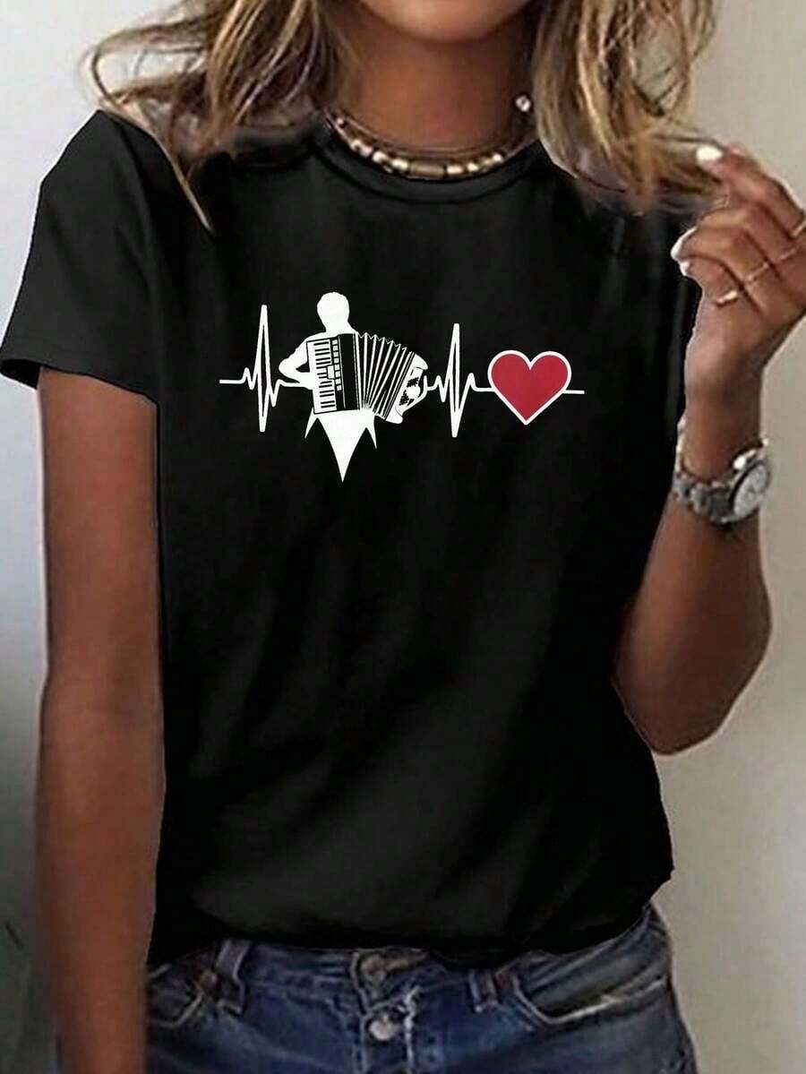 Vintage Short-Sleeved T-Shirt With A Round Neck And Accordion Print With A Heartbeat Line, Casual Top For Summer And Spring, Women's Clothing. Women's T-Shirt Top > Basic - 黑色 - 查看 1