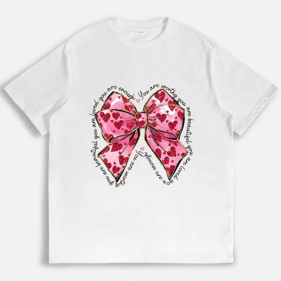 Camiseta con Gráfico de Lazo Rosa "You Are Enough" - Camisetas Lindas e Inspiradoras para Mujer, Estéticas y a la Moda, para Uso Diario Casual, Suaves y Cómodas, Camisetas de Verano, Regalos de San Valentín, Tops con Gráficos. - Blanco - Ver 1