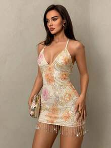 Vestido Corto de Mujer  Nuevo, Color Albaricoque, con Lentejuelas Florales, Espalda Descubierta, Cordones en la Espalda, Borlas en el Bajo, Estilo Glam Coquette,, Cuello en V, para, Playa - Albaricoque - Ver 3