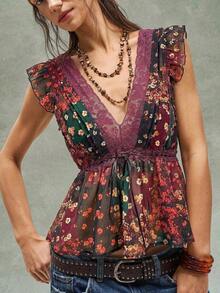 Blusa de verano casual de mujer con cuello en V, mangas cortas y encaje, con estampado floral ditsy para festivales de música, vacaciones y fiestas - Negro - Ver 3