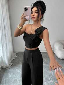 Elegante conjunto de 2 piezas de top sin mangas y pantalones con decoración floral 3D para vacaciones casuales para mujeres - Negro - Ver 5