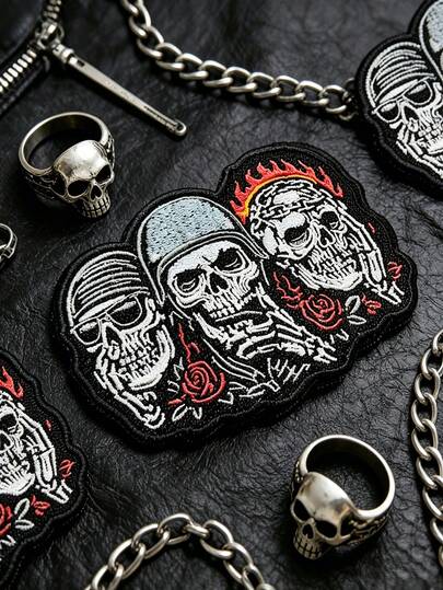 1pc Gothic Skull Patch, Rock Skull/Rose/Flame Design, Iron-On/Sew-On, Cool Skull Trio, Suitable For Jacket, Hat, Bag Or Vest Decoration, Ideal For Biker Rallies And Music Concerts