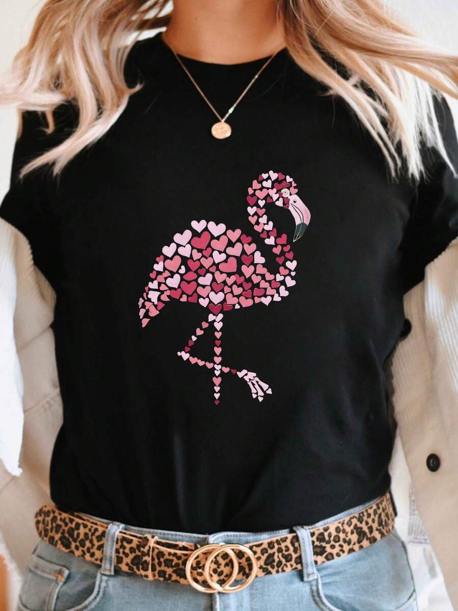 Camiseta casual de manga corta y cuello redondo para mujer, con diseño de flamenco en forma de corazón, es perfecta para primavera y verano, ropa de mujer. - Negro - Ver 1