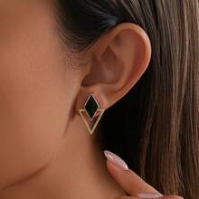 1 paire de boucles d'oreilles géométriques minimalistes à double couche, boucles d'oreilles avec design de bordure dorée élégante, boucles d'oreilles à éclaboussures noires, accessoires de voyage quotidiens - Doré - Voir 4