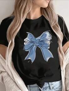 Camiseta de manga corta con estampado de lazo, ligera y duradera, adecuada para el hogar, cafeterías o uso casual al aire libre, tela suave y cómoda, 100% algodón de 180g para uso diario. - Negro - Ver 11