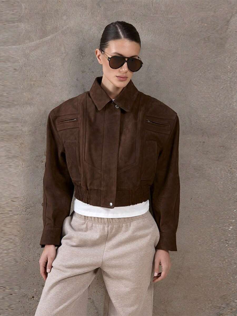 Chaqueta corta de ante con cremallera cuello solapa estilo urbano - Chaqueta corta informal con cremallera - marrón - Ver 1