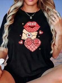 Camiseta de Mujer con Estampado Gráfico de Labios Xoxo y Corazón, Camiseta Casual de Verano, Estilo Vintage Urbano, Unisex, de Algodón, Manga Corta, Cuello Redondo - Negro - Ver 1