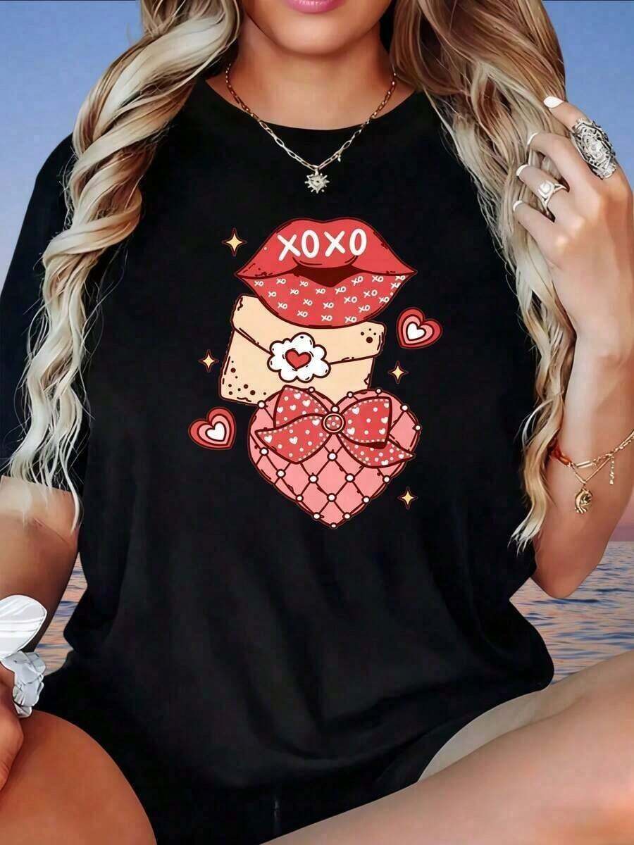 Camiseta de Mujer con Estampado Gráfico de Labios Xoxo y Corazón, Camiseta Casual de Verano, Estilo Vintage Urbano, Unisex, de Algodón, Manga Corta, Cuello Redondo - Negro - Ver 1