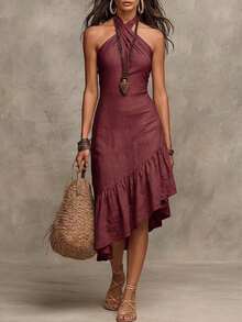 Women's Long Dress In Solid Color With Halter Neck, Fitted Cut, Sleeveless, Fashionable Vacation Style. - Burgundy - View 2