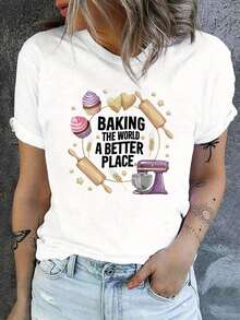 BAKING THE WORLD A BETTER PLACE Printed T-Shirt, Short Sleeve, Round Neck, Casual Top For Summer And Spring, Women's Clothing Standard Size Casual T-Shirt Breathable Lightweight Short Sleeve Tee - 白色 - 查看 1