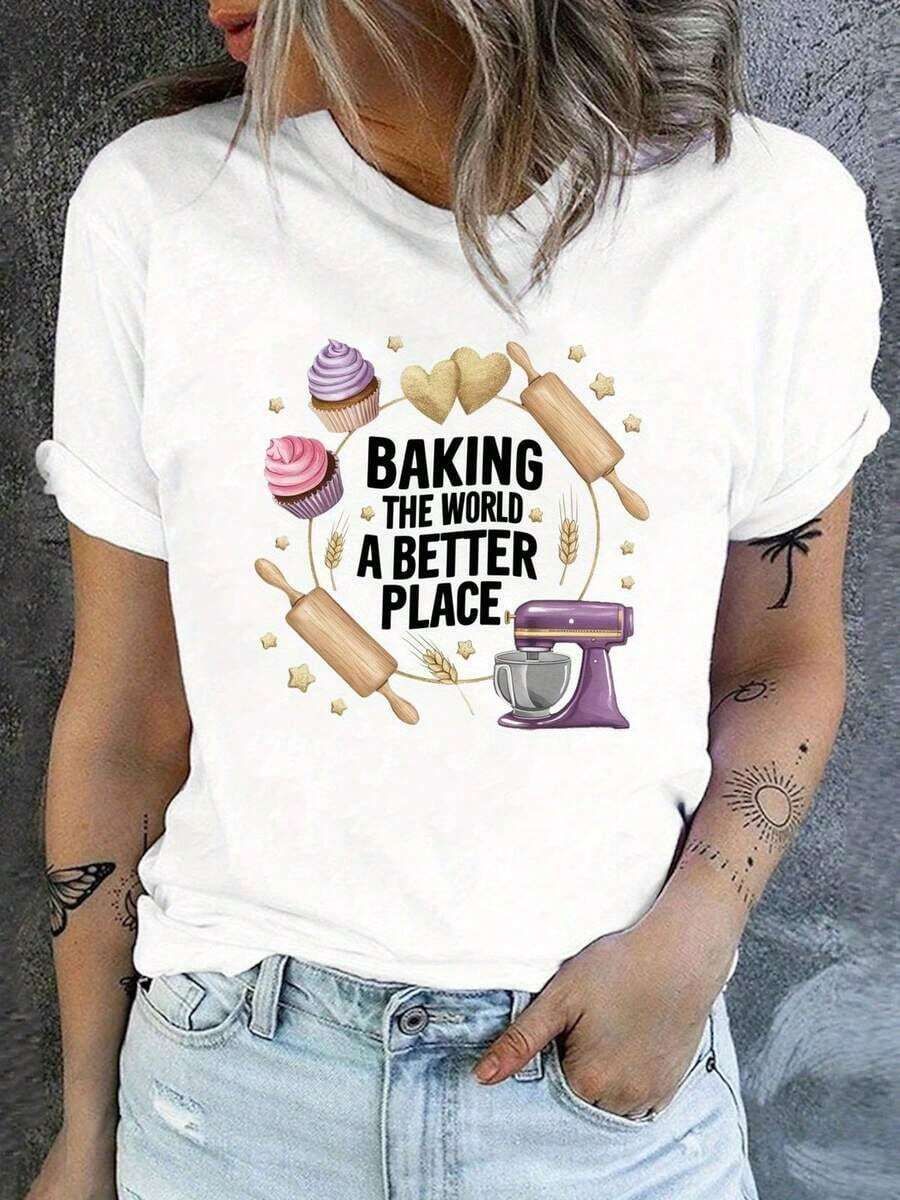 BAKING THE WORLD A BETTER PLACE Printed T-Shirt, Short Sleeve, Round Neck, Casual Top For Summer And Spring, Women's Clothing Standard Size Casual T-Shirt Breathable Lightweight Short Sleeve Tee - 白色 - 查看 1