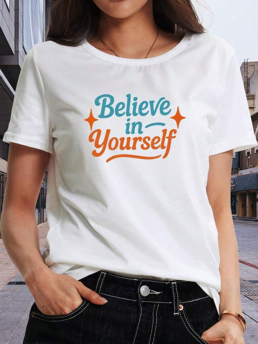 1 pieza clásica y versátil, camiseta de manga corta de algodón puro con estampado de estrella para mujeres, ideal para usar en todas las estaciones. Estilo moderno - Blanco - Ver 1