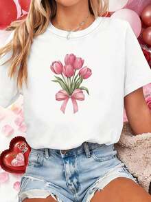 CamisetaAdecuadaParaFiestasYUsoCasual-EleganteBlusaDeMangaCortaConCuelloRedondo-TopConEstampadoDeLetrasYMotivosDeRamo(SePuedeLavarEnMáquina,CamisetaDeCuelloRedondoElásticaParaTodoElAñoParaFiestas,YRegalos)CamisetaCasualDeMangaCortaParaMujerTamañoEstándarCamisetaBásica - Blanco - Ver 1