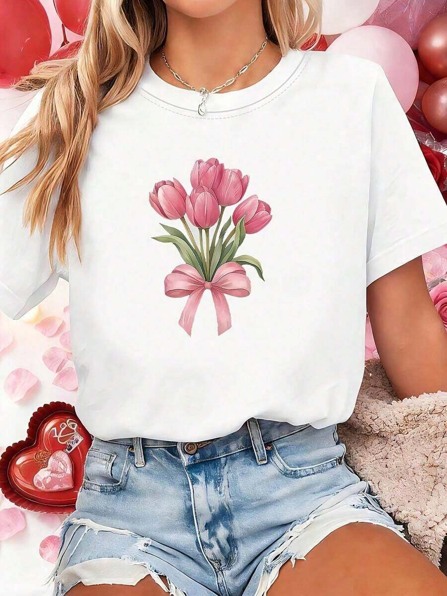 CamisetaAdecuadaParaFiestasYUsoCasual-EleganteBlusaDeMangaCortaConCuelloRedondo-TopConEstampadoDeLetrasYMotivosDeRamo(SePuedeLavarEnMáquina,CamisetaDeCuelloRedondoElásticaParaTodoElAñoParaFiestas,YRegalos)CamisetaCasualDeMangaCortaParaMujerTamañoEstándarCamisetaBásica - Blanco - Ver 1