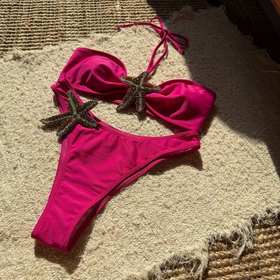 New Two-Piece Swimsuit With Starfish Appliqués In Solid Color And Sexy Lace-Up Design. - Hot Pink - View 1