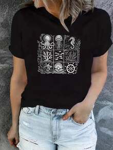 Camiseta de verano para mujer, de manga corta y estampada, moderna y casual, lavable a máquina, ajuste cómodo, estampado plano 2D. - Negro_08 - Ver 12