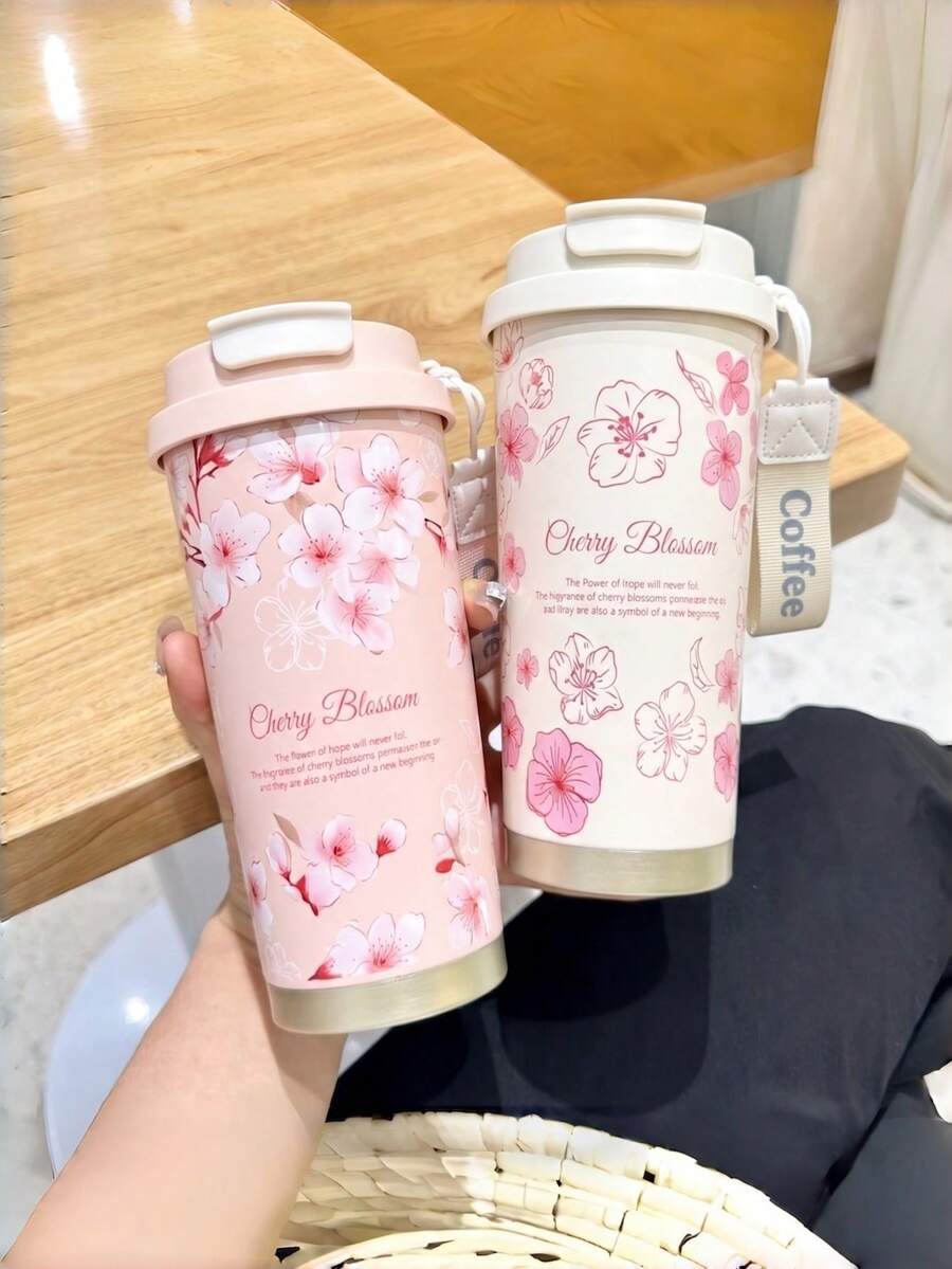 1个500毫升粉/白樱花图案保温咖啡杯，优雅花卉风格SUS304不锈钢高筒圆柱形二合一饮用盖防漏便携旅行杯，带腕带，适用于冰咖啡、茶、日常通勤、办公、送礼及所有季节 - 彩色 - 查看 1