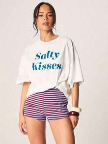 Playera Anime Gráfica Juvenil , Camiseta Gráfica de Algodón Oversized con Estampado de Besos Salados, Manga Corta, Casual, para Playa y Verano - Alta Calidad para el Verano - Blanco - Ver 5