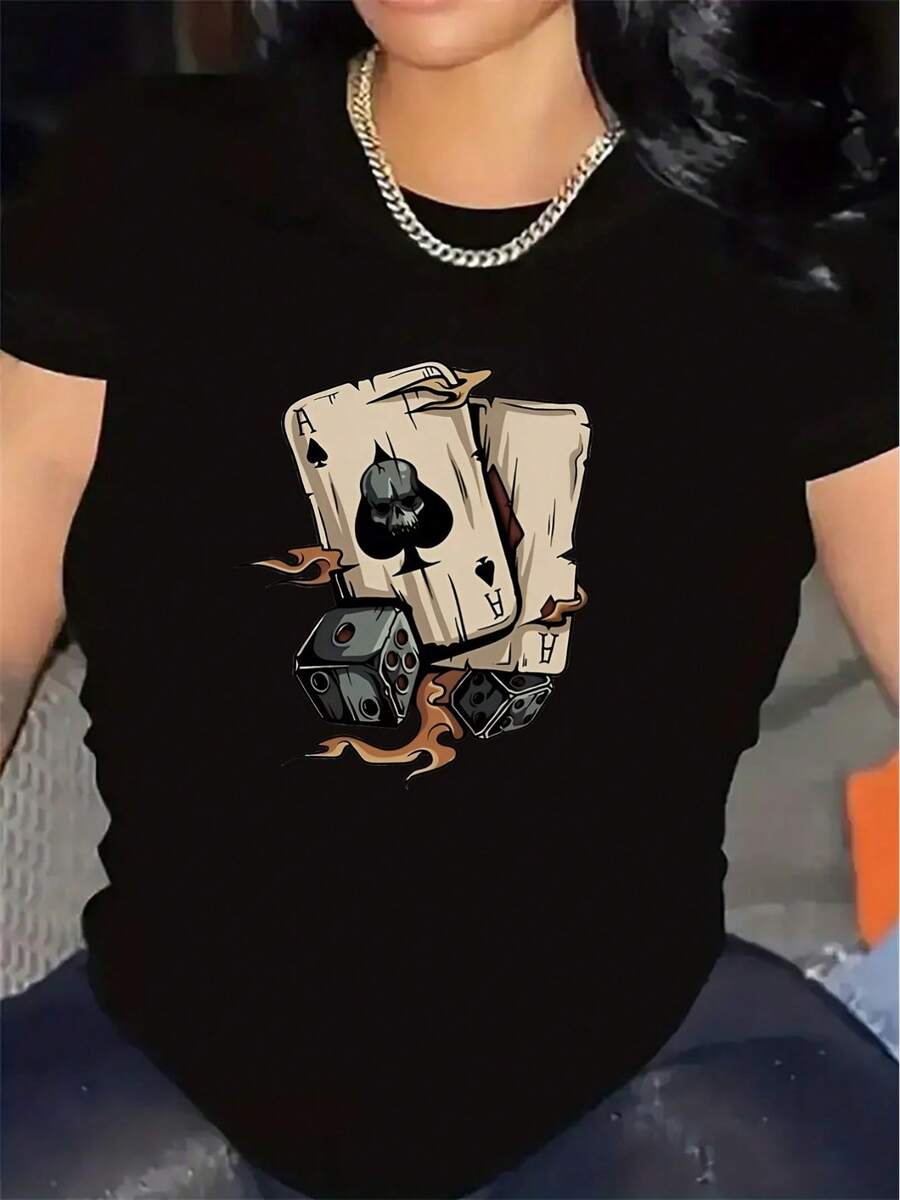 Camiseta de Manga Corta de Poliéster con Diseño de Cartas y Dados para Restaurantes, Tela Duradera y Ligera, Ajuste Cómodo para Uso Diario, Ideal para Salidas Informales y Fiestas, Camiseta Gráfica Estilosa - Negro - Ver 1