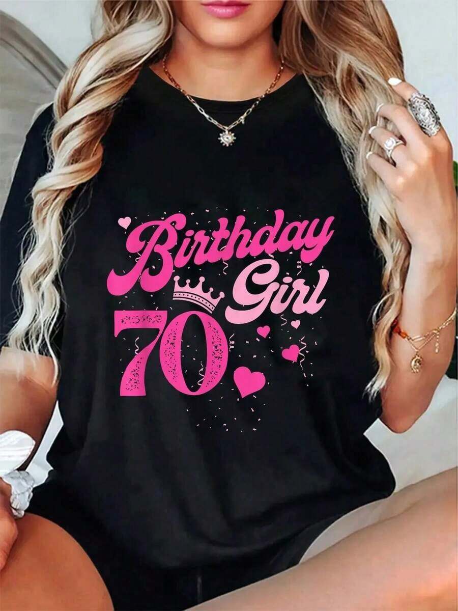 Camiseta 100% Algodón con Estampado de Corona para Cumpleaños de 70 Años, para Hombre y Mujer, Cuello Redondo, Estilo Clásico, para Vacaciones de Verano - Negro - Ver 1