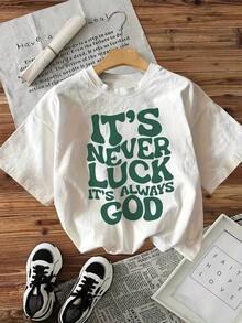 Nuevas llegadas para el verano. Es una camiseta casual de manga corta con un estampado de letras que dice 'Never Luck'. Blusa, camisa > Hermosa. - Blanco - Ver 11