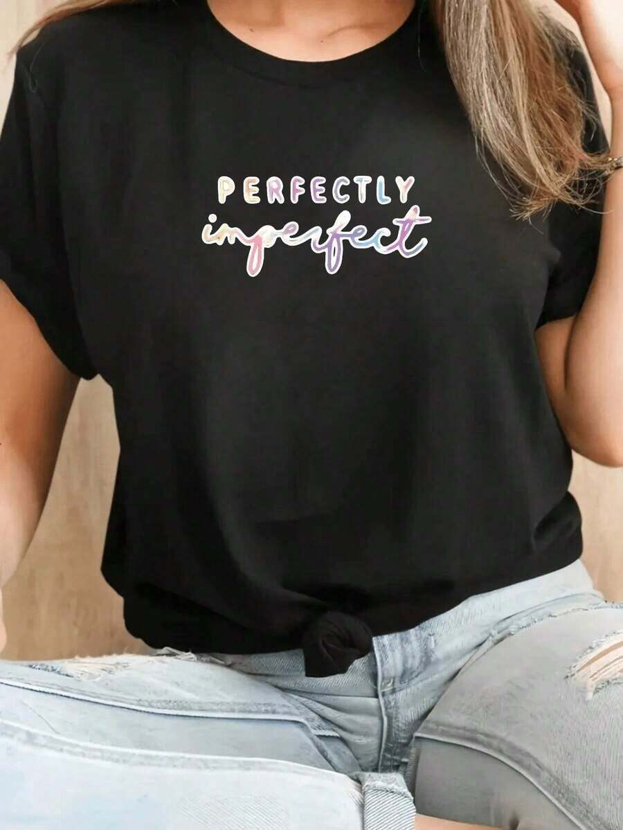 short-sleeveCamiseta Blanca de Manga Corta con Estampado de Arcoíris Perfectamente Imperfecto, Camiseta Gráfica Casual para Uso Diario, Atuendo para la Hora del Café, Top de Moda para Mujer, Cuello Redondo, 100% Algodón, Blusas para Mujer Casual100% Cotton - Negro - Ver 1