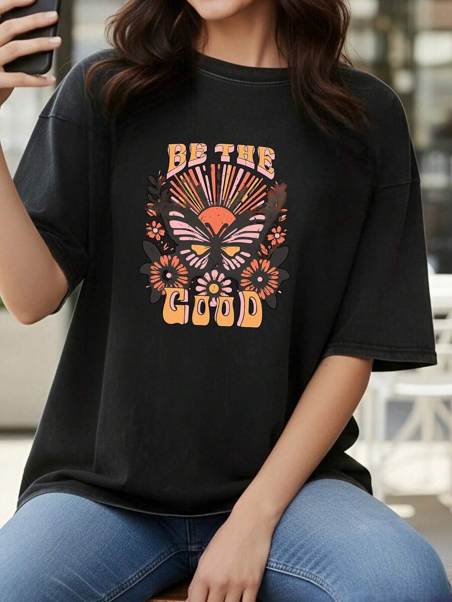Camiseta casual vintage cómoda y lavada para mujer, camiseta de manga corta con cuello redondo,% algodón lavado y versátil para hombre, adecuada para uso diario y atuendos de, estilo unisex. - Negro - Ver 1