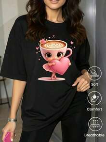 Camiseta de cuello redondo y mangas cortas de ropa fashion, fabricada en México, para la temporada primavera-verano 2025. Con estampado de dibujos animados, es un modelo de pareja, apta para usar tanto por dentro como por fuera, ideal para oficina y estilo casual, diseñada para hombres y mujeres, en unidad individual. - Negro - Ver 1