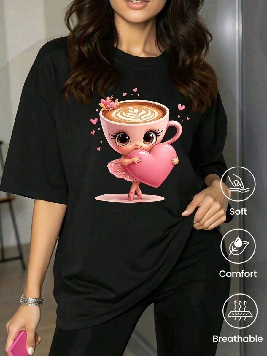 Camiseta de cuello redondo y mangas cortas de ropa fashion, fabricada en México, para la temporada primavera-verano 2025. Con estampado de dibujos animados, es un modelo de pareja, apta para usar tanto por dentro como por fuera, ideal para oficina y estilo casual, diseñada para hombres y mujeres, en unidad individual. - Negro - Ver 1
