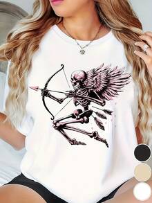 Talla Grande - Camiseta Gótica de Calavera y Cupido para Mujer - Atuendo Sexy para San Valentín y Fiestas de Halloween - Top Gótico Suave para Uso Diario - Apta para Tallas Grandes - Lavable a Máquina - Beige/Negro/Blanco/Gris - Camiseta de Impacto, Camiseta Gótica, Atuendo Festivo, Camiseta con Estampado Único, Tela Cómoda, Ropa Casual, Estética Oscura, Material Duradero, Camiseta de Impacto, Camisetas de Moda Alternativa para Mujer, Blusas Negras de Algodón para Damas - Blanco - Ver 7