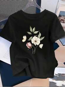 Camiseta de manga corta suave y transpirable - Blusa casual de corte holgado con cuello redondo y estampado floral botánico y de aves (verde/beige), top blanco para todas las estaciones, camisa no elástica lavable a máquina para atuendos casuales y combinaciones. Camiseta de mujer. - Negro - Ver 7