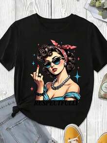 Elegante y casual para mujer, manga corta, camiseta casual de verano con estampado vintage de chica pin-up con gafas de sol y pañuelo rojo, texto negro respetuoso para uso diario y actividades de ocio. - Negro - Ver 3
